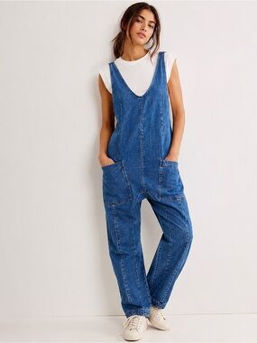 Free People We The Free High Roller Denim Jumpsuit S Blue Barrel Leg Utility